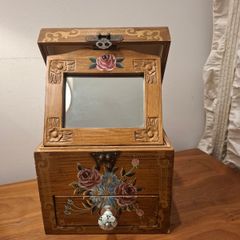 Vintage wooden jewellery box with mirror and drawer