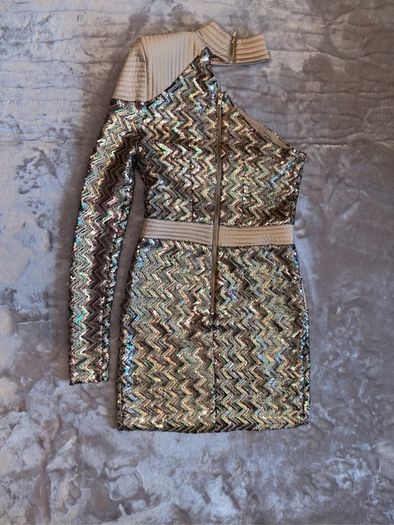 Zhivago One Shoulder Sequin Mini Dress AU 8 UK 8 In Champagne Gold Zig Zag Party Dress.