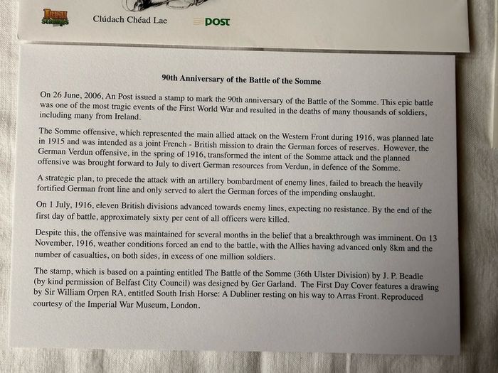 First day cover letter and MNH 90th anniversary of The Battle of The Somme stamps