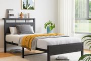 Single Bed Frame with Wooden Storage Headboard,Heavy Duty Metal Platform Bed Frame Single Bed Bsae No Box Spring Needed,Mattress Base,Underbed Storage Space,Noise Free,Black