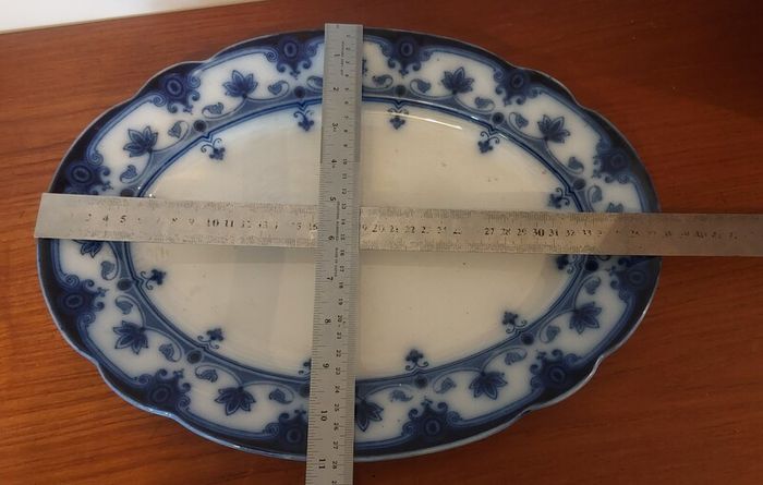 Fabulous Pair of Antique Flow Blue Victorian Graduated Platters, "Dudley" Pattern, by Ford & Sons, Burslem, Stoke-on-Trent, Circa 1893-1908, Perfect for Display