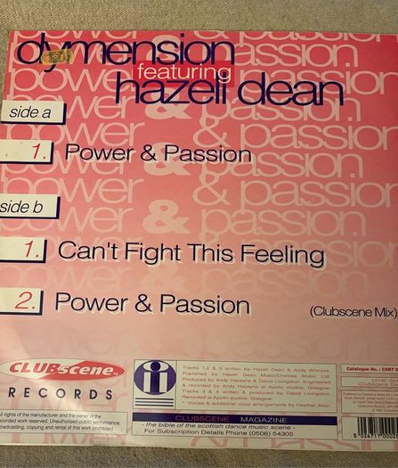 Dymension ft Hazell Dean Power & Passion 1994 12 inch Vinyl Clubscene