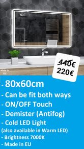 LED Bathroom Mirror Antifog Defogger 80x60 or 60x80cm