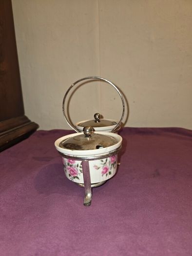1960's Enoch Wedgewood Pink Rose Marmalade Pots with silver plate caddy
