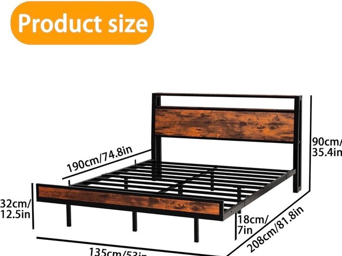Double Size Floating Bed Frame with Wooden Headboard Storage, Brown Charging Station, LED Lights, Ergonomic 95-degree Headboard Angle, Heavy Duty Metal Slats, No Box Spring Needed