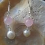 Sterling Silver,Rose Quartz, Pearl Earrings, New, Handmade Image 2