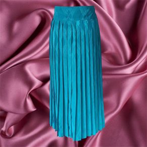 Vintage 1980s turquoise blue pleated midi length skirt. Made in Ireland by Michel Ambers, size 12.