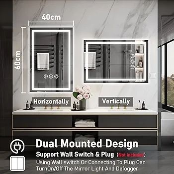 LED Bathroom Wall Mirror with LED Lights  Anti-Fog Vanity Mirror, 3-Color Dimmable Frontlit Illumination for Makeup, Wall Mounted Bathroom Lighting