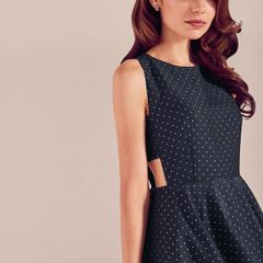 TED BAKER Daisy Jacquard Navy & Gold Midi with Pockets Sz 3 (Fit 12-14UK) - Bnwt Rrp 295