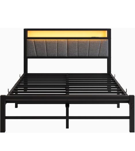Double Bed Frame with Storage and LED Lights,4ft6 Metal Platform Bed Frame Double Size Bed Base with Charging Station,Mattress Base,Strong Slats Support,Under-bed Storage,Noise Free,Grey