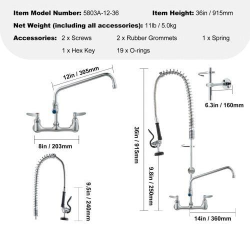 Faucet with Pre-Rinse Sprayer, 36" (91.4 cm) Height, 8" (20.3 cm) Center, 12" (30.5 cm) Swing Spout, Wall Mount Kitchen Sink Faucet, Brass Constructed Device with Pull Down Spray, for 1/2/3 Compartment Sink