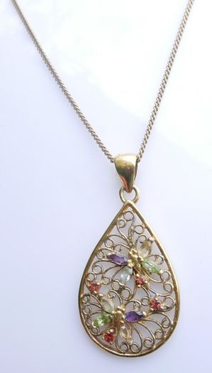 Vintage 18K Gold Plated Sterling Silver 925, Butterflies Crystal Oval Pendant Necklace, length 18" - 5,83g