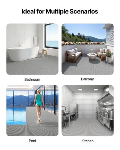 PVC Drainage Mat 3 x 16.4ft, Non-Slip Commercial Floor Mat Roll, Water Drainage Matting for Indoor & Outdoor Use, Restaurant, Pool, Patio, Bathroom, Grey