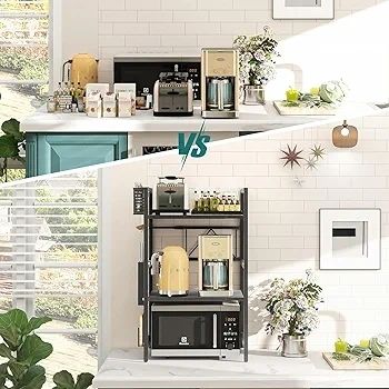 Expandable Microwave Shelf,3-Tier Microwave Stand,Black Adjustable Kitchen storage & Organisation, Heavy Duty Microwave Rack with Knife Holder, Cutlery Box & Cutting Board Rack