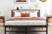 5ft King Metal Platform Bed Frame with Wooden Storage Shelf Headboard, 150x200 cm
