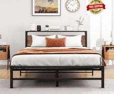 5ft King Metal Platform Bed Frame with Wooden Storage Shelf Headboard, 150x200 cm