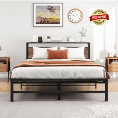 5ft King Metal Platform Bed Frame with Wooden Storage Shelf Headboard, 150x200 cm
