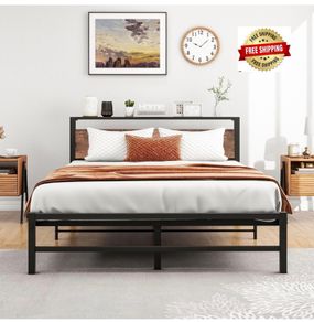 5ft King Metal Platform Bed Frame with Wooden Storage Shelf Headboard, 150x200 cm