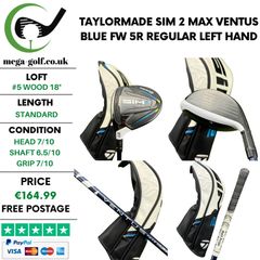 Taylormade Sim 2 Max #5 Wood 18 Degree / Ventus Blue FW 5R Regular / Left Hand