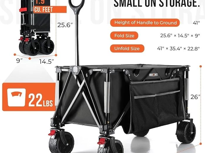 150kg Festival Camping Trolley on Wheels  Black Heavy Duty Folding Wagon Cart with All Terrain Wheels, Brake, Portable for Outdoor, Beach, Garden & Shopping