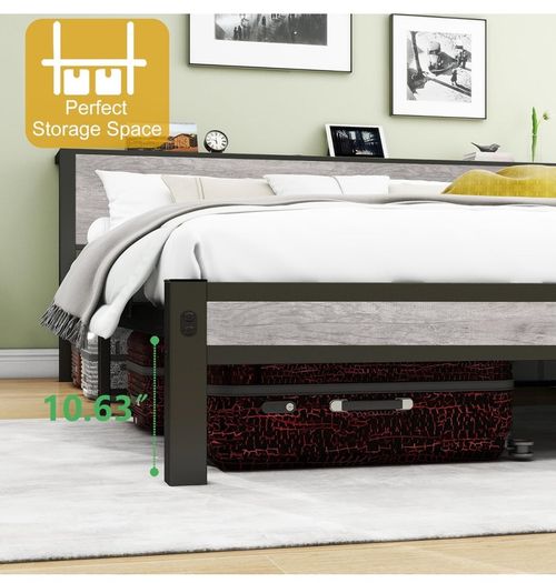King Size Bed Frame with Storage Wooden Headboard