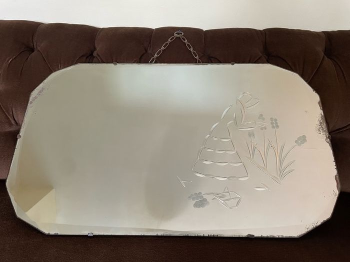 Large Early Mid Century Vintage Beveled Mirror with Reversed Carved Etched Image