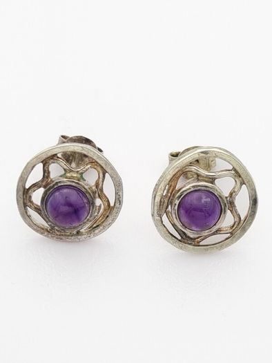 Vintage 925 Syerling Silver Purple Chalcedony Stud Earrings