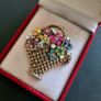 Flower Basket Brooch, Multicolor Rhinestone Floral Bouquet Pin, Gold Tone Woven Basket Jewelry, Retro Spring Garden Theme (X04) Image 2