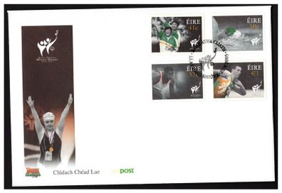 2003 Ireland 11th Special Olympics in Dublin (41c walking, 50c swimming, 57c starting-race & E1 shot-put) Commemorative Stamps An Post First Day Cover (FDC)