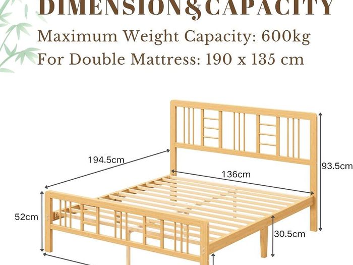 Wooden Double Bed Frame with Headboard - Bamboo Wood Bed Frames with Metal Slats Support and Underbed Storage, Easy to Install, Noise Free, Sturdy, 30.5 cm High