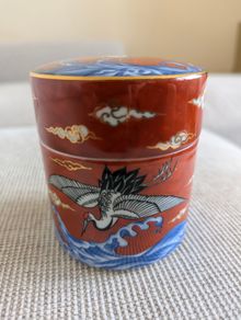 Oriental Style Porcelain Lidded Jar - Cranes Waves & Gold Detail