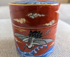 Oriental Style Porcelain Lidded Jar - Cranes Waves & Gold Detail