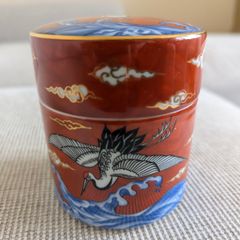 Oriental Style Porcelain Lidded Jar - Cranes Waves & Gold Detail