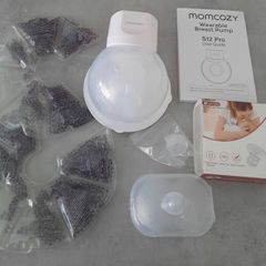 Momcozy breast pump, flanges, silver cups & Lansinoh therapy pads