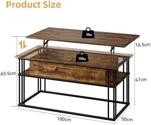 Lift Top Coffee Table - Modern Square Tables, Stable Metal Frame & Hidden Storage, Centre Table for Living Room, Small Space, Home Office