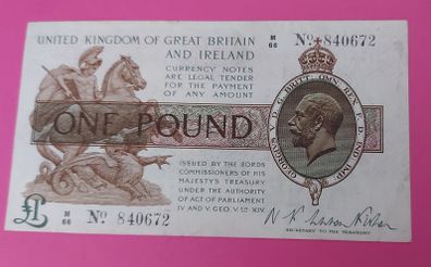 English 1919 One Pound Banknote Extremely Fine Condition