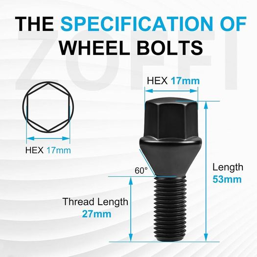 Black Wheel Bolts M14x1.25, Replacement for BMW