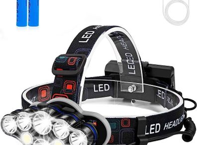 Head Torch, 8 LED Super Bright USB Rechargeable Headlamp Waterproof 8 Modes Headlight with Red Lights Comfortable Adjustble Headtorch for Camping Fishing, Car Repair, Running, Outdoor