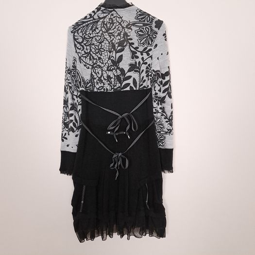 Bai Amour Vintage Black Grey Floral Lace Detail Ruffle Tiered Knit Dress 10-12UK/38-40EU
