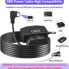 OBD2 OBD Power Cable for Dash Camera, OBD to Type-C USB OBDII Adapter Hardwire Charger Cable 24 Hours Surveillance and Acc Two Mode with Switch Button and Low Voltage Protection, 12-36V to 5V/3A