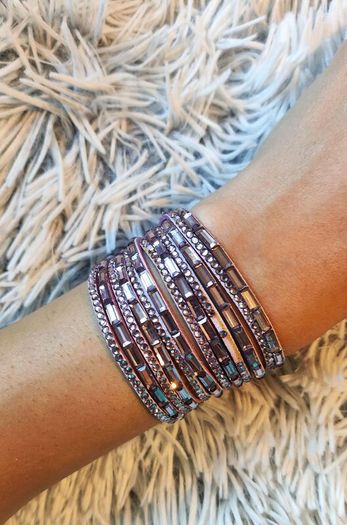 Purple Boho Multi-Layer Leather Bracelet with Rhinestones