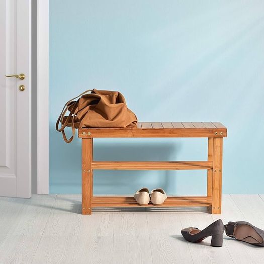 NEW SALE Shoe Rack, 2 Tier Bench Storage Organiser Holder 70 x 27 x 45cm Made of 100% Natural Bamboo Max Load Capacity up to 100KG