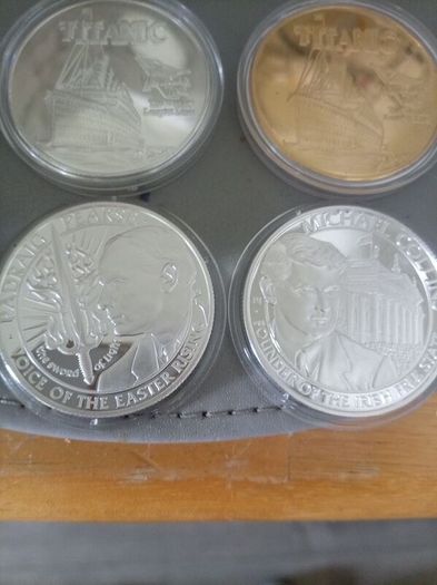 Mickey Mouse, Elvis, 2 titanic, paidraig Pearse, Micheal collins coins