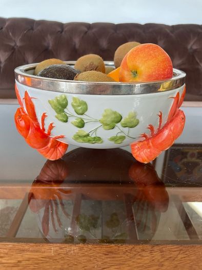 Antique WMF Lobster and Seaweed Silver Plated Trim Porcelain Round Serving Bowl 1920s