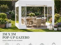 main image for ad 3m x 3m White  Pop-Up Gazebo with Clear Sidewalls &amp; Wheeled Carry Bag