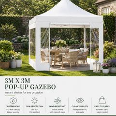 3m x 3m White  Pop-Up Gazebo with Clear Sidewalls & Wheeled Carry Bag