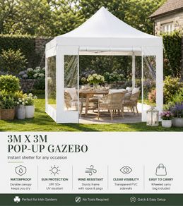 3m x 3m White  Pop-Up Gazebo with Clear Sidewalls & Wheeled Carry Bag