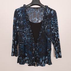 Roman Blue Black Abstract Printed Ruffle Trim Cardigan Top 14UK/42EU