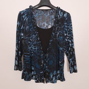 Roman Blue Black Abstract Printed Ruffle Trim Cardigan Top 14UK/42EU
