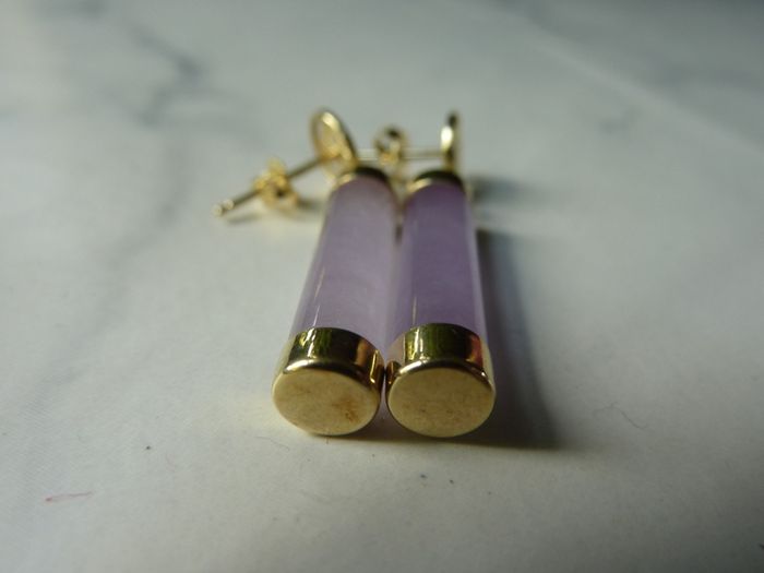 14K Gold Lavender Jade Bar Drop Earrings, Pierced Chinese Character, Sterling Silver Backs